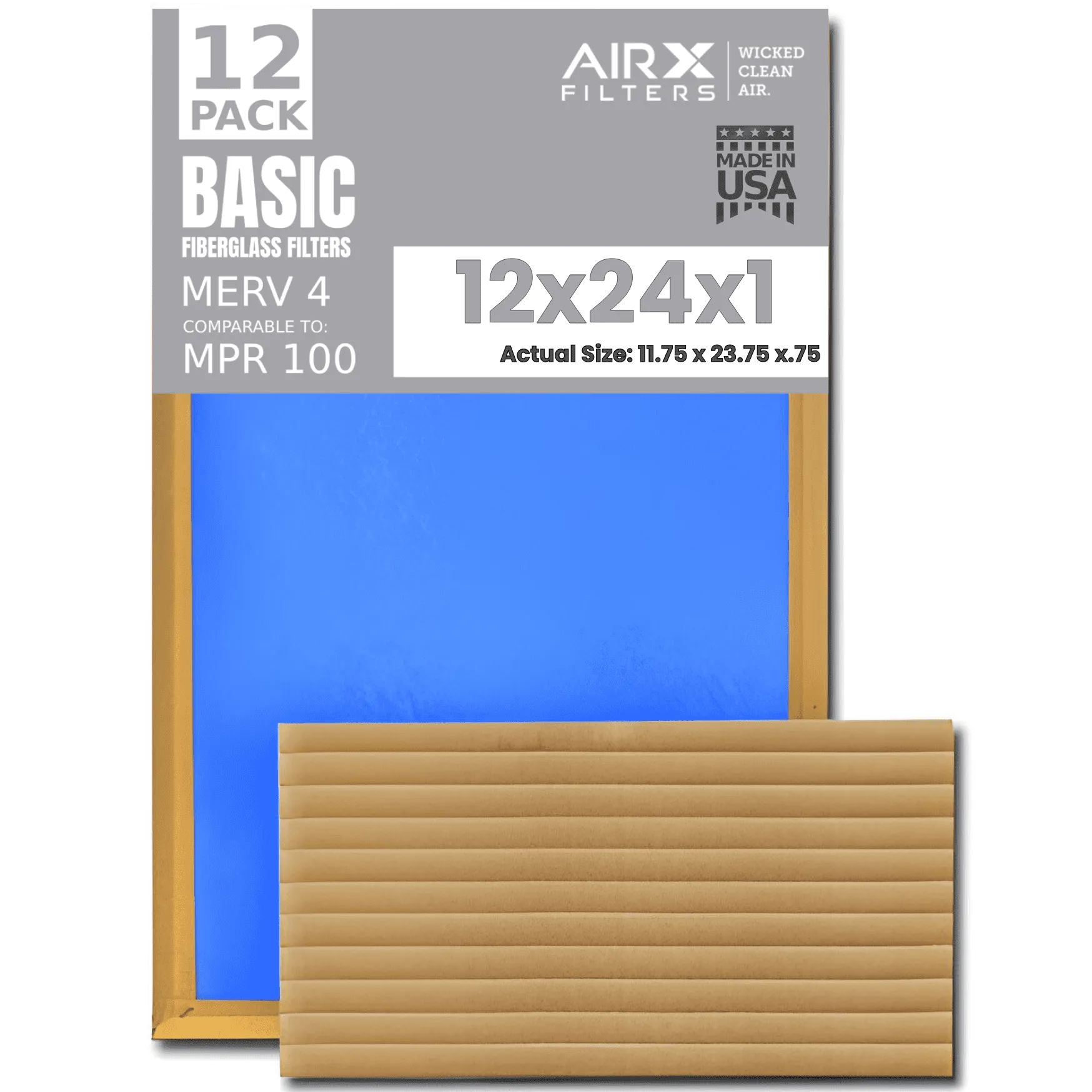 12x24x1 Air Filter Comparable to MPR 100 Basic Economy Furnace Filters, 12 Pack of Non Pleated Fiberglass Filter For Dust - Low Airflow Restriction! From AIRX FILTERS WICKED CLEAN AIR.