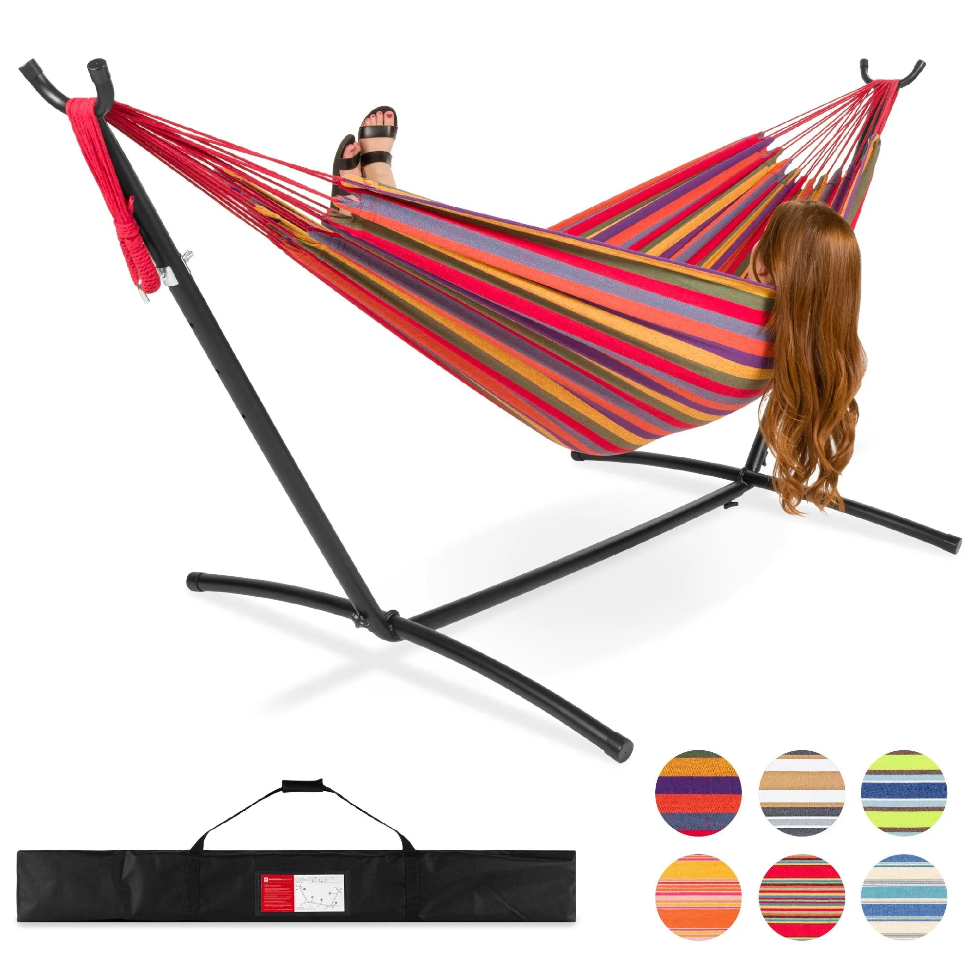 2-Person Brazilian-Style Double Hammock w/ Carrying Bag and Steel Stand