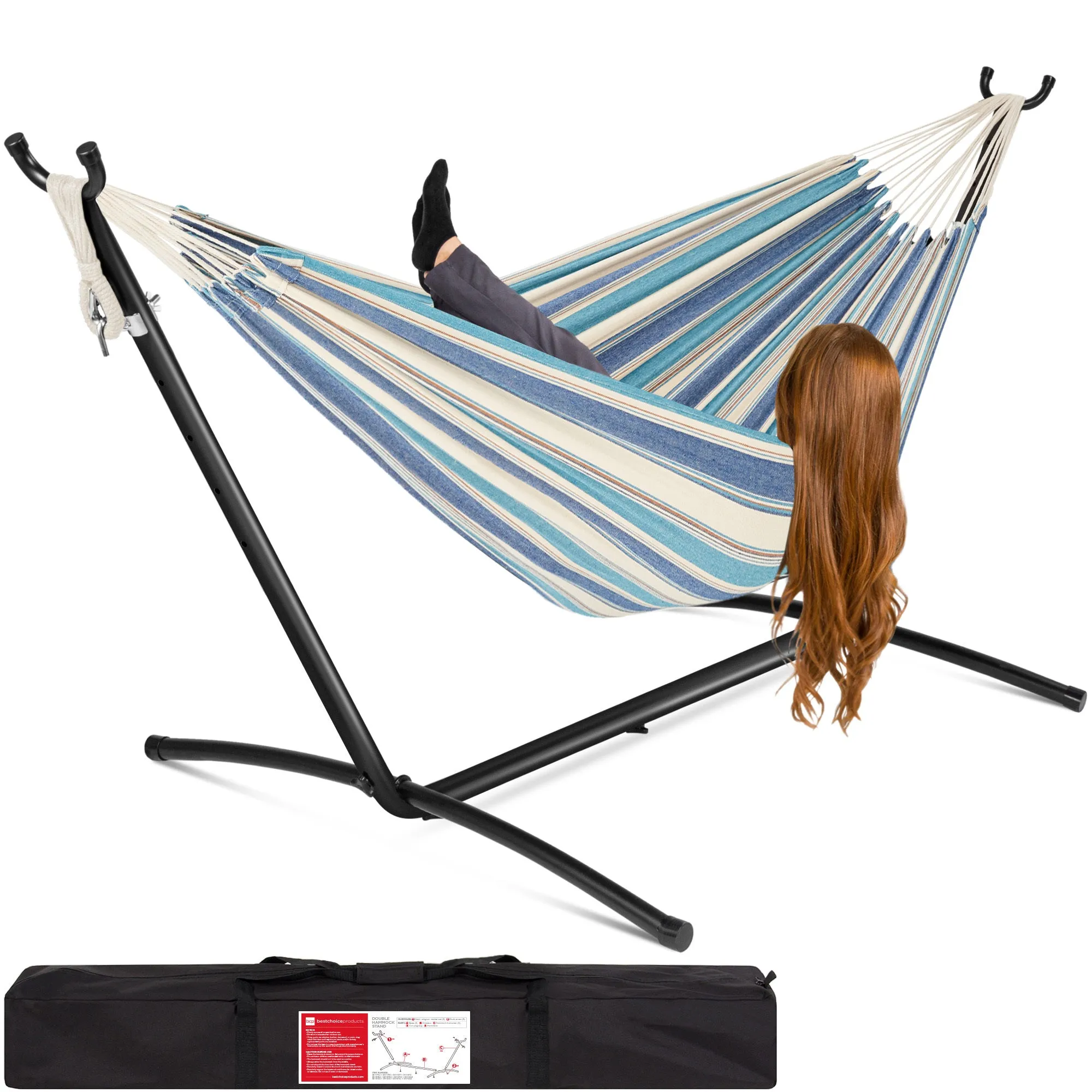 2-Person Brazilian-Style Double Hammock w/ Carrying Bag and Steel Stand