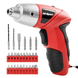 27pc 3.6V Red Compact Electric Power Screwdriver Set. Cordless & USB Rechargeable with 23 Driver Bits for Home & Office Use