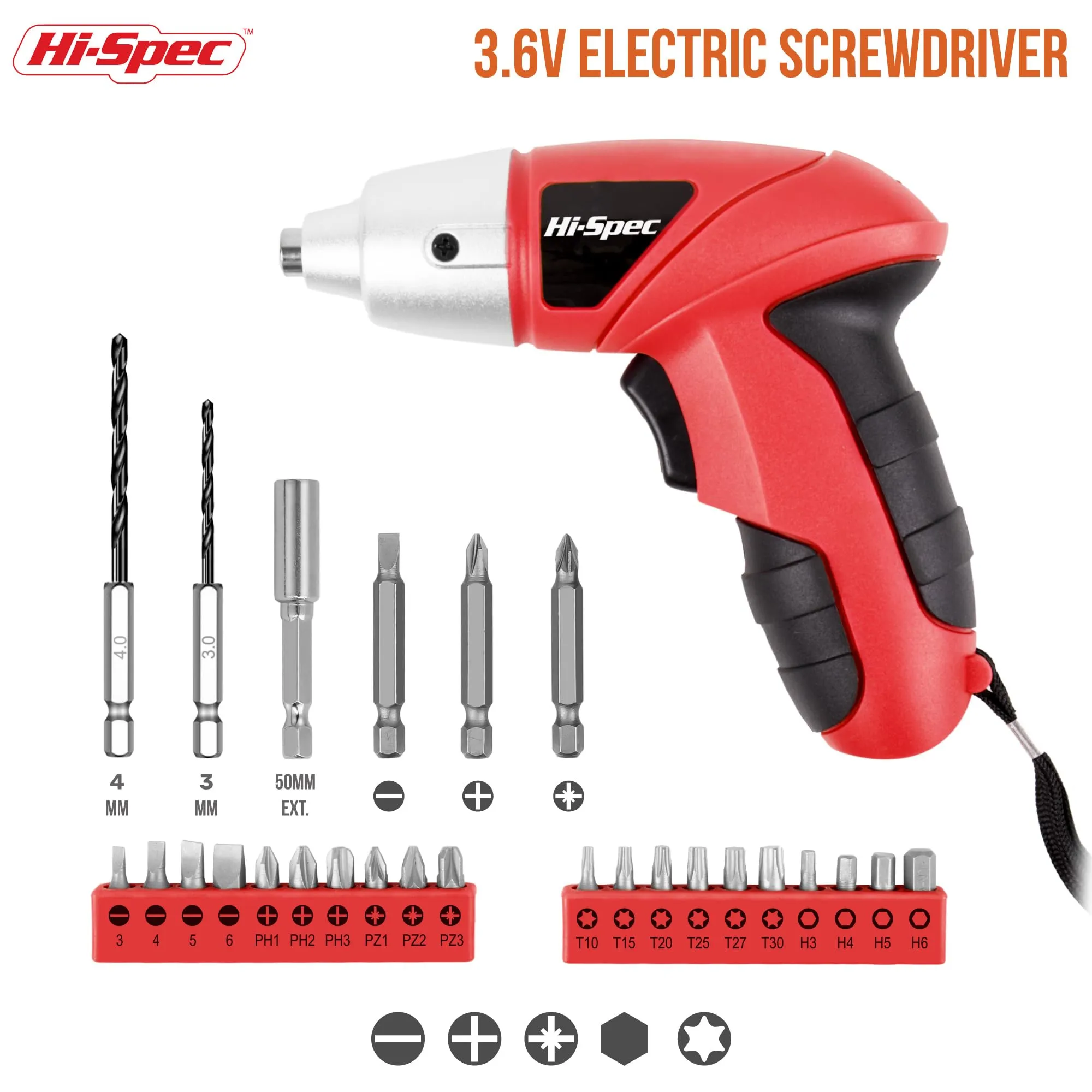 27pc 3.6V Red Compact Electric Power Screwdriver Set. Cordless & USB Rechargeable with 23 Driver Bits for Home & Office Use