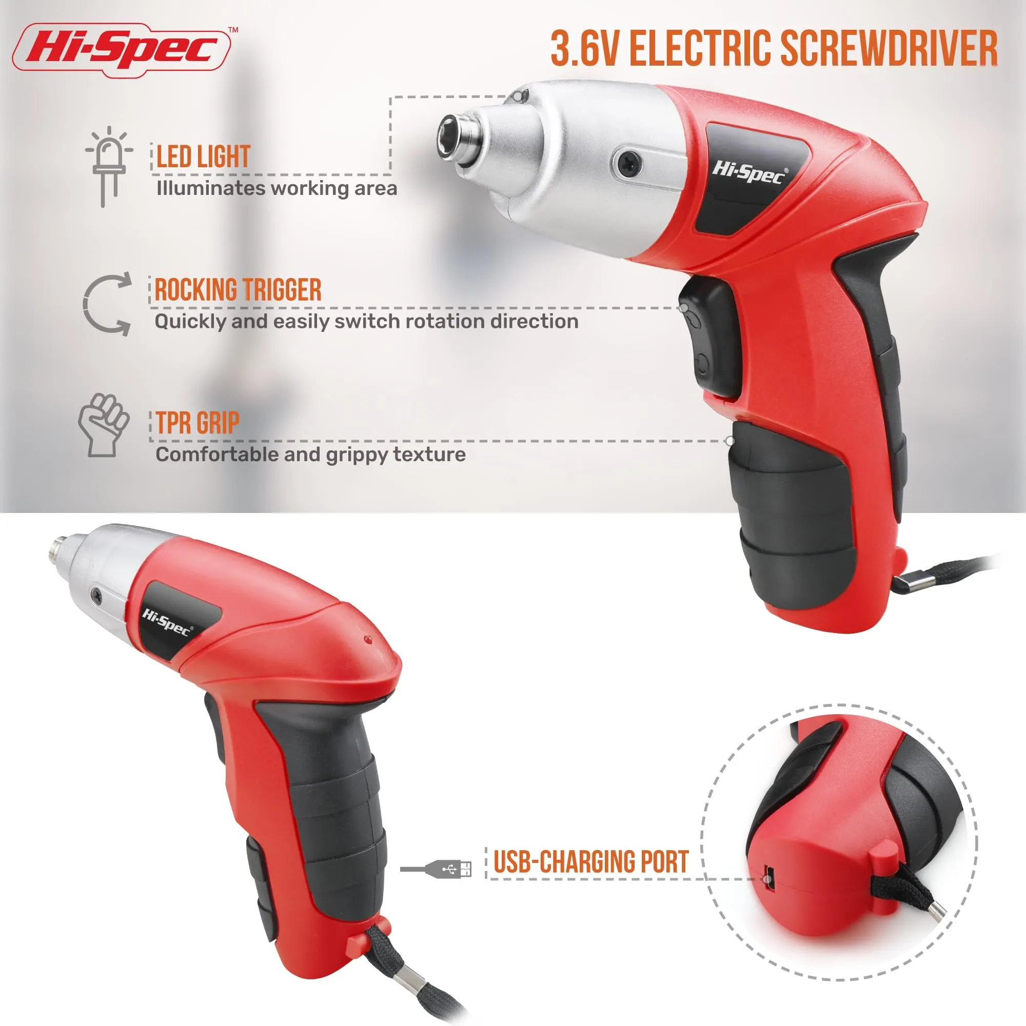 27pc 3.6V Red Compact Electric Power Screwdriver Set. Cordless & USB Rechargeable with 23 Driver Bits for Home & Office Use