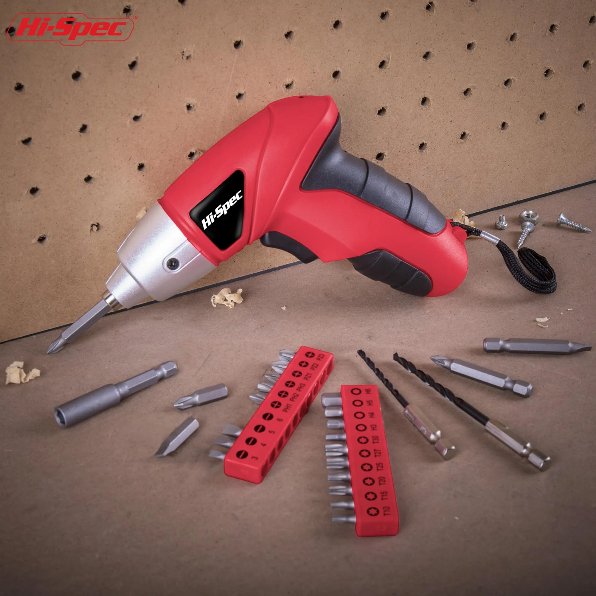 27pc 3.6V Red Compact Electric Power Screwdriver Set. Cordless & USB Rechargeable with 23 Driver Bits for Home & Office Use