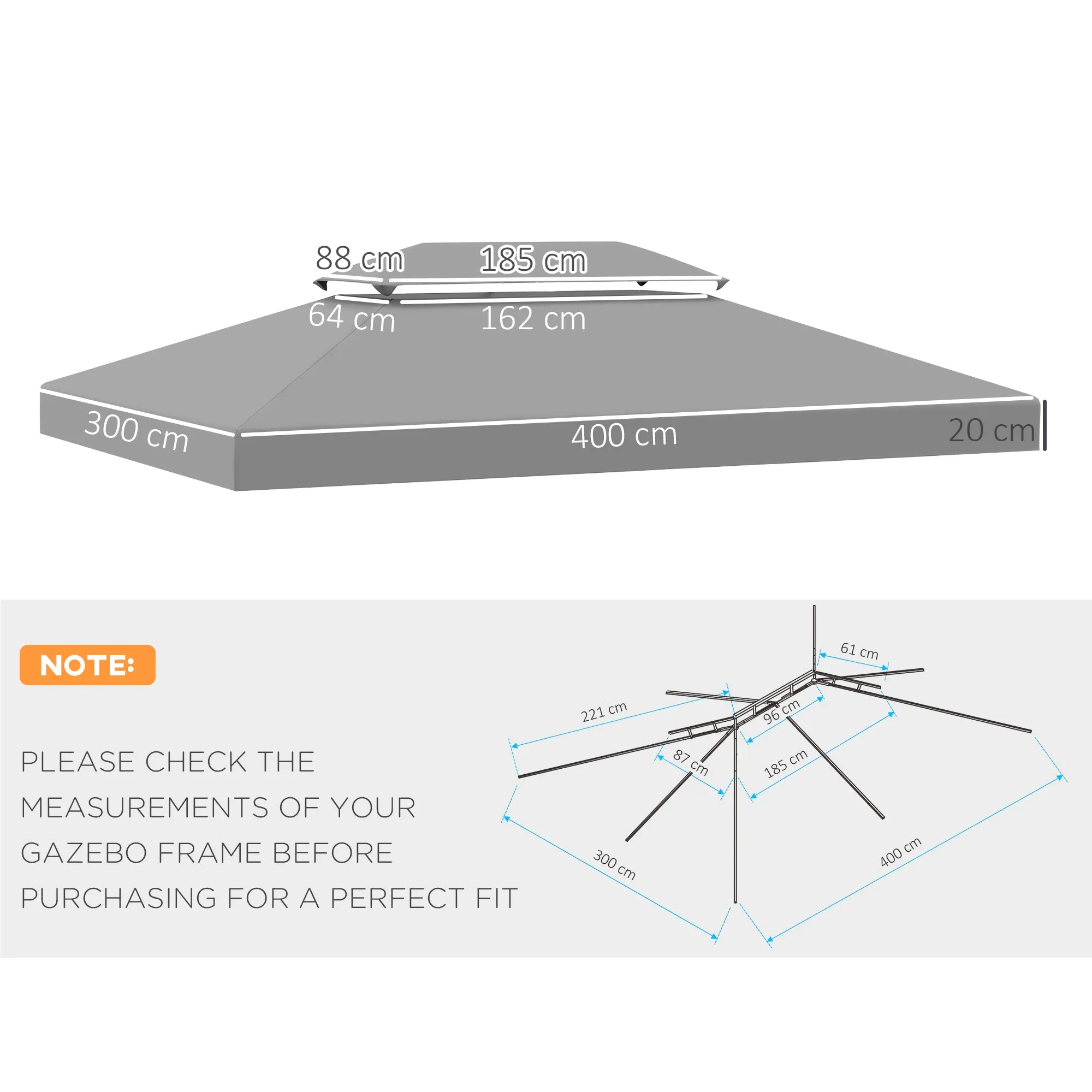 3x4m Gazebo Replacement Roof Canopy, 2 Tier Top UV Cover Garden Outdoor Awning Shelters, Grey (TOP ONLY)