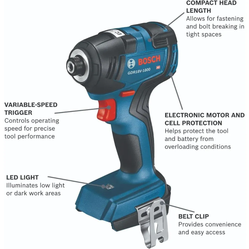 Bosch GDR18V-1800B12 18V Brushless 1/4 In. Hex Impact Driver Kit with (1) 2 Ah Standard Power Battery