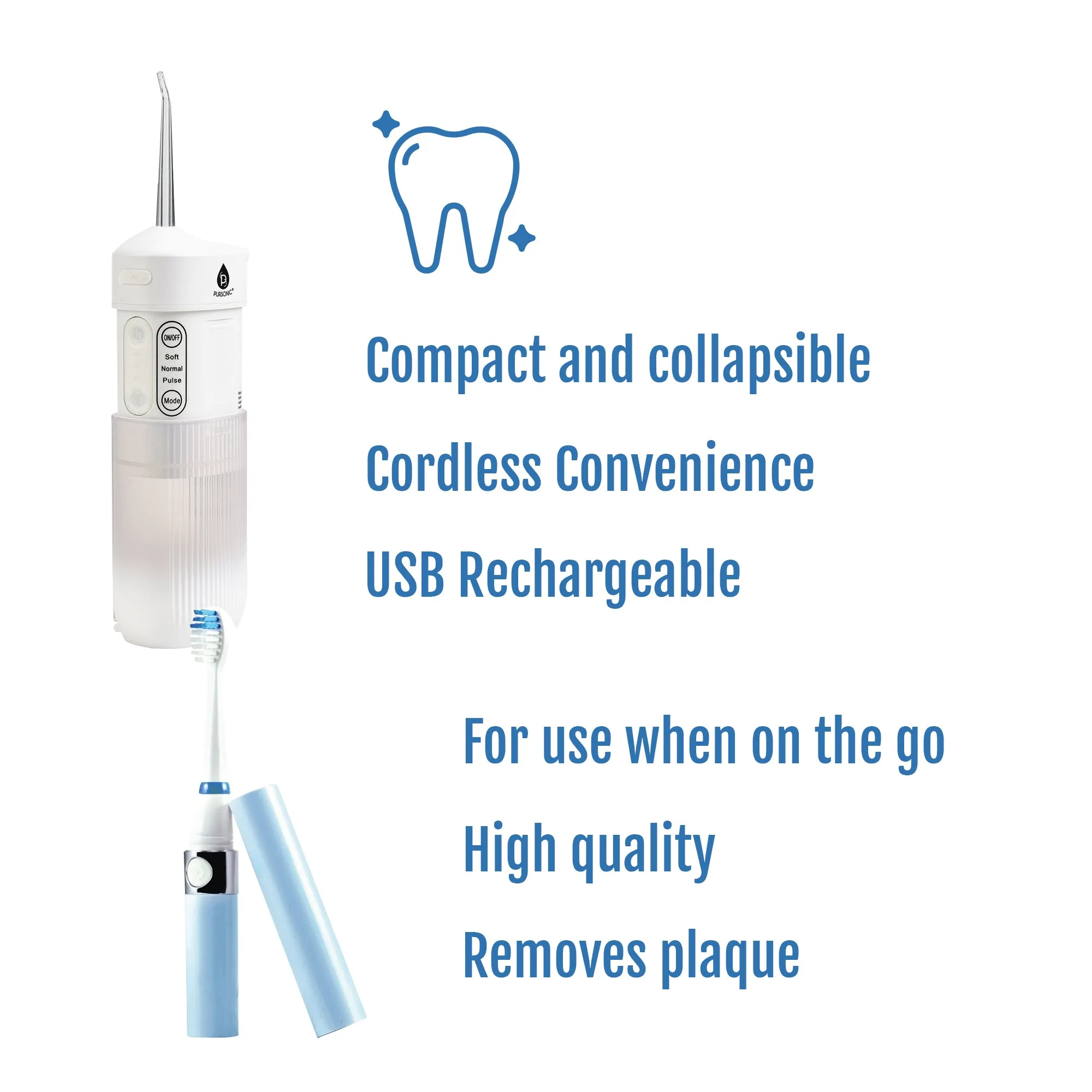 Compact Travel Oral Care Bundle: Portable USB Rechargeable Collapsible Water Flosser and Pursonic Portable Sonic Toothbrush