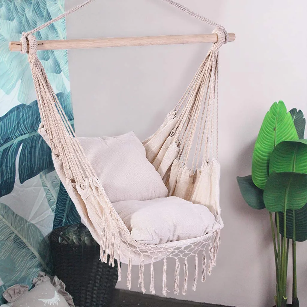 Cotton Fabric Hammock Chair Macrame Swing 2 Seat Cushions - Lavany