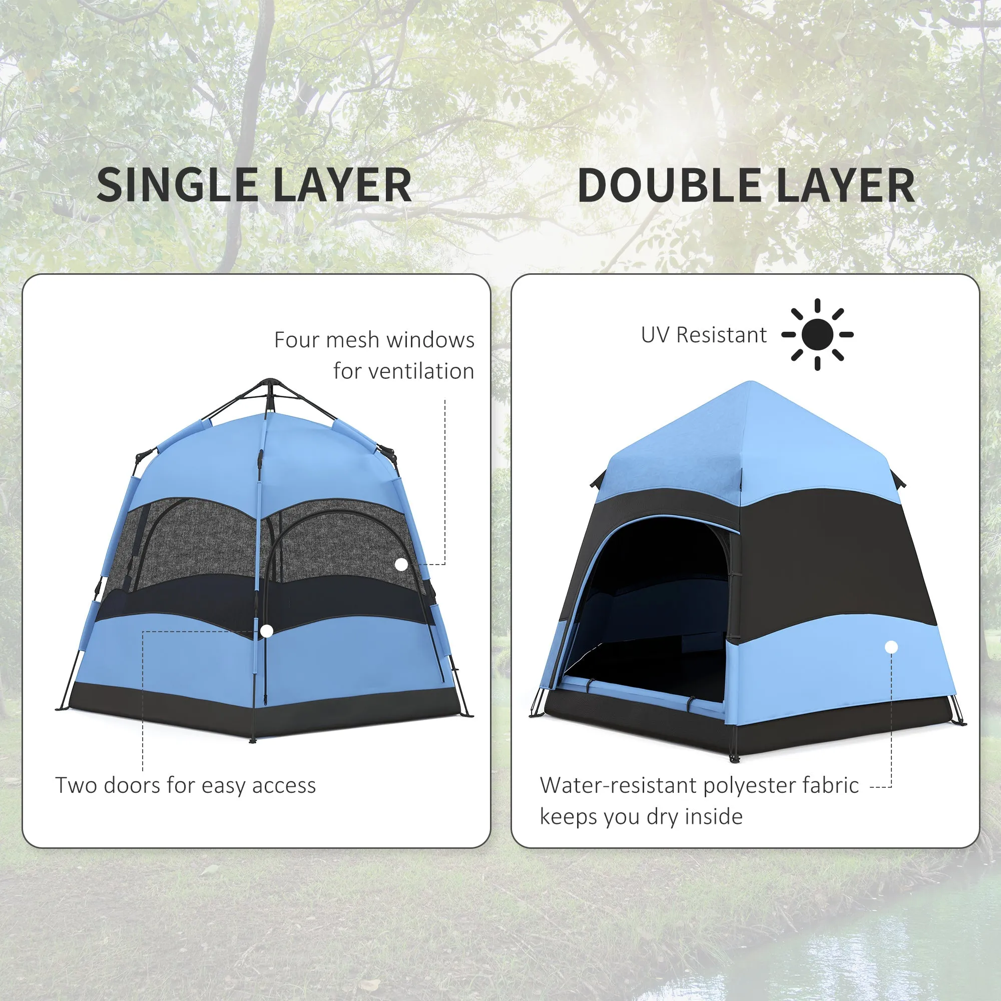 Double Layer Dome Tent w/ Rainfly and Welded Floor, 4 Man Hexagon Pop Up Tent, Portable Camping Shelter w/ Hang Hook and Carry Bag