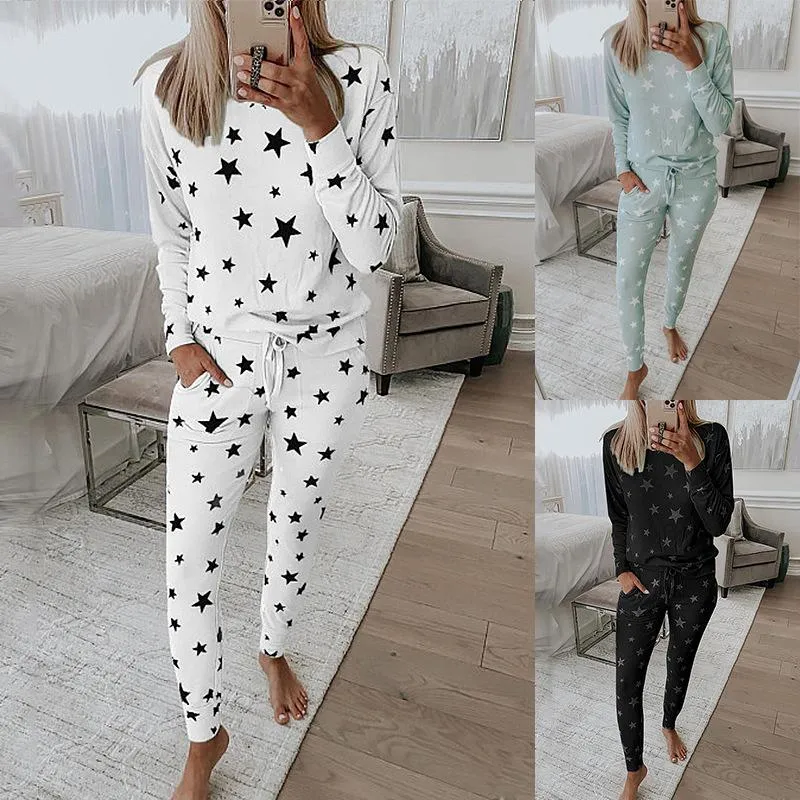 Fashion Star Pattern Long Sleeve Top Pants Women's Home Sleepwear Pajamas Set