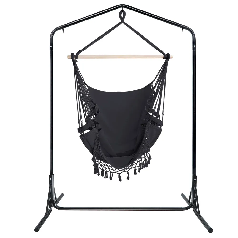 Gardeon Outdoor Hammock Chair with Stand Tassel Hanging Rope Hammocks Grey