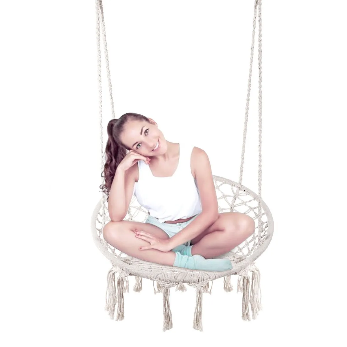 Hanging Cotton Rope Macrame Hammock Swing Chair - E EVERKING