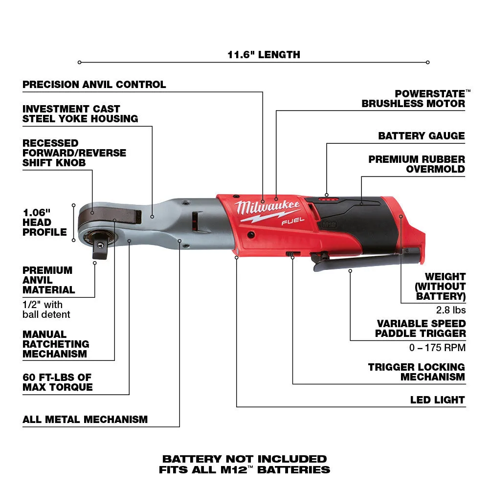 Milwaukee 2558-20 M12 FUEL Lithium-Ion Cordless 1/2" Ratchet (Tool Only)