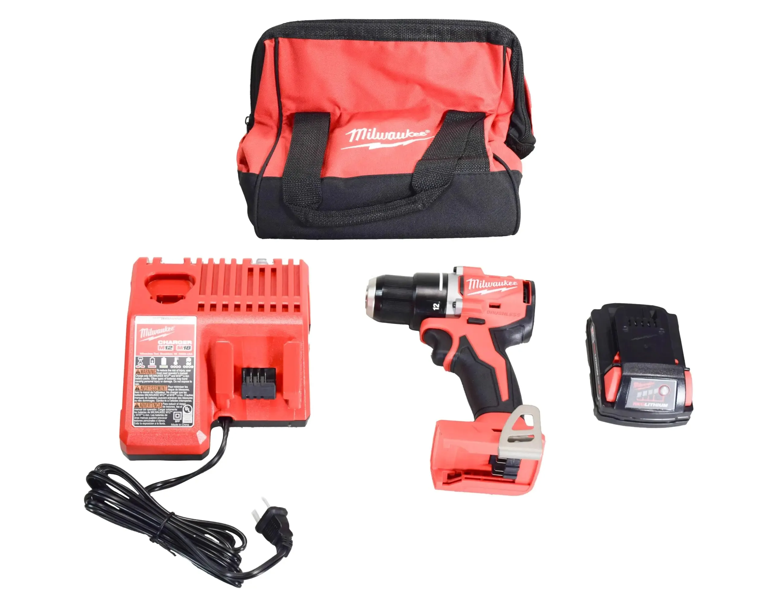 Open Box -  Milwaukee M18 18V Lithium-Ion Brushless Cordless 1/2 in. Compact Drill/Driver with One 2.0 Ah Battery, Charger and Tool Bag