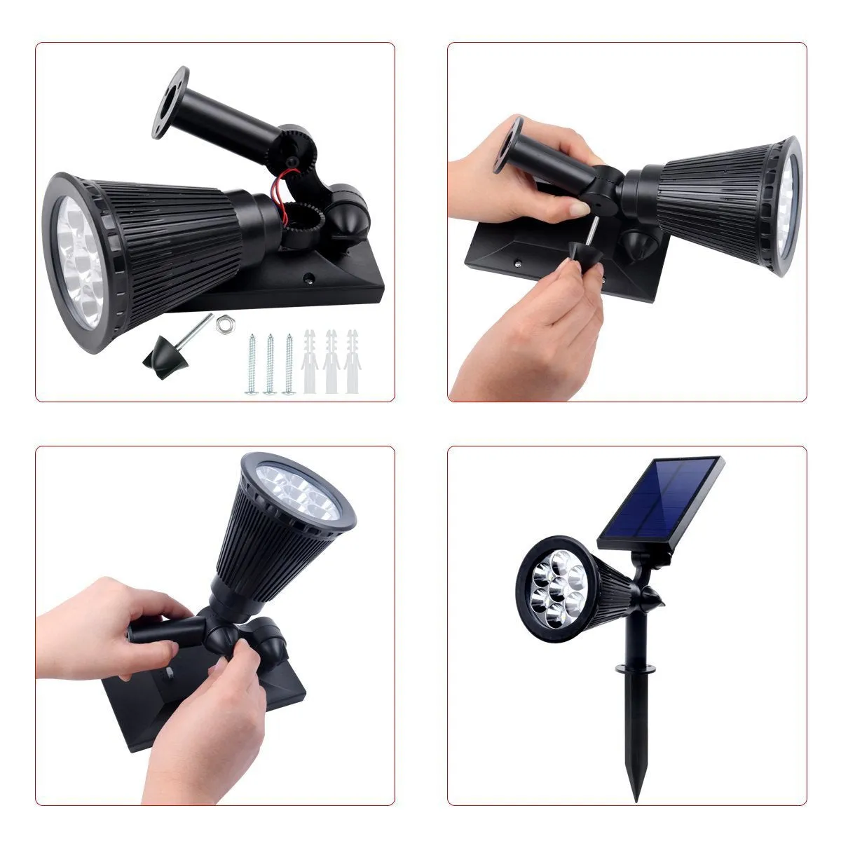 Pack of 2 LED Solar Spotlights, 7W Solar Spike Garden Light,1800 mAh battery, 5.5V 1.5W Solar Panel, IP44, RGB