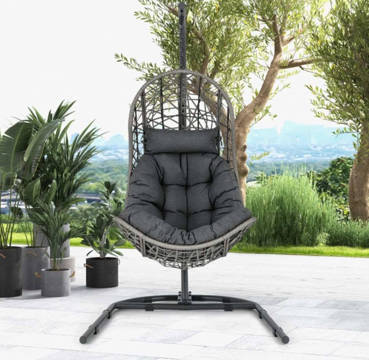 Relaxing Heavy Duty Egg Patio Chair With Stand PE Rattan Swing Hammock Chair With Soft Pillow, Cushion | Holds 350lbs