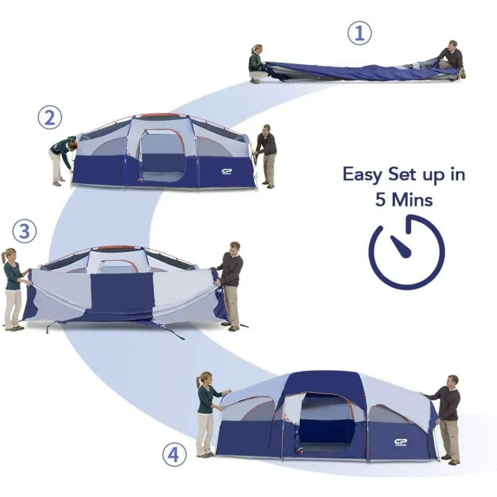 Tent 8 Person Camping Tents, Weather Resistant Family Tent, 5 Large Mesh Windows, Double Layer, Divided Curtain