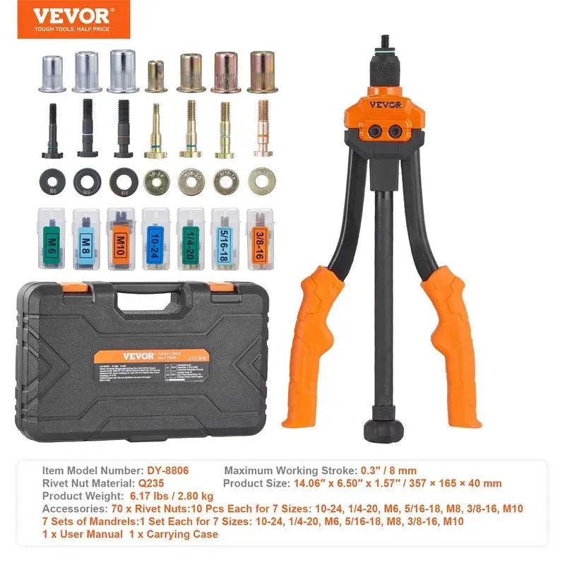 VEVOR Rivet Nut Tool, 16 Inch Rivnut Tool Kit with 13PCS Metric and SAE Mandrels & 186PCS Rivet Nuts, Semi-Auto Retraction, M3, M4, M5, M6, M8, M10, M12, 1/4-20, 5/16-18, 3/8-16, 1/2-13, 8-32, 10-24