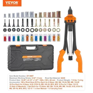 VEVOR Rivet Nut Tool, 16 Inch Rivnut Tool Kit with 13PCS Metric and SAE Mandrels & 186PCS Rivet Nuts, Semi-Auto Retraction, M3, M4, M5, M6, M8, M10, M12, 1/4-20, 5/16-18, 3/8-16, 1/2-13, 8-32, 10-24