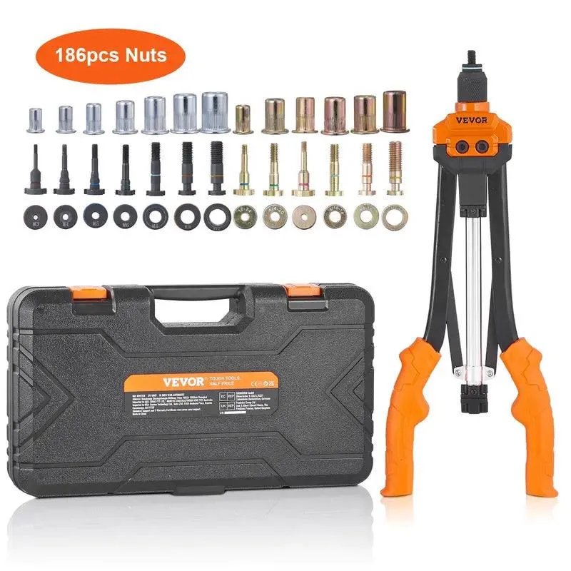 VEVOR Rivet Nut Tool, 16 Inch Rivnut Tool Kit with 13PCS Metric and SAE Mandrels & 186PCS Rivet Nuts, Semi-Auto Retraction, M3, M4, M5, M6, M8, M10, M12, 1/4-20, 5/16-18, 3/8-16, 1/2-13, 8-32, 10-24