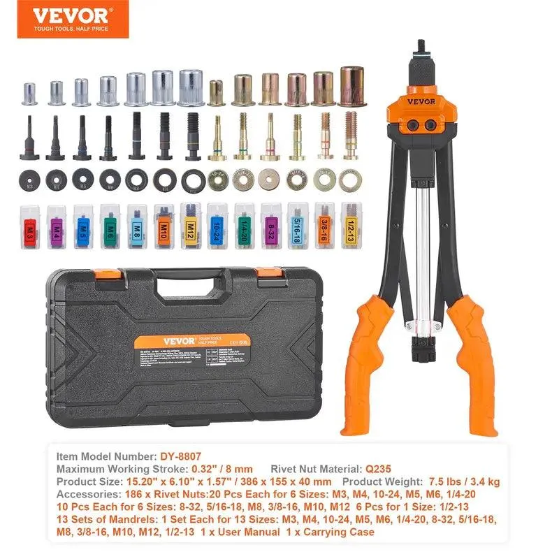 VEVOR Rivet Nut Tool, 16 Inch Rivnut Tool Kit with 13PCS Metric and SAE Mandrels & 186PCS Rivet Nuts, Semi-Auto Retraction, M3, M4, M5, M6, M8, M10, M12, 1/4-20, 5/16-18, 3/8-16, 1/2-13, 8-32, 10-24